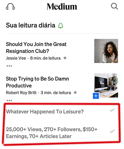 Medium app screenshot showing the list of articles already viewed.